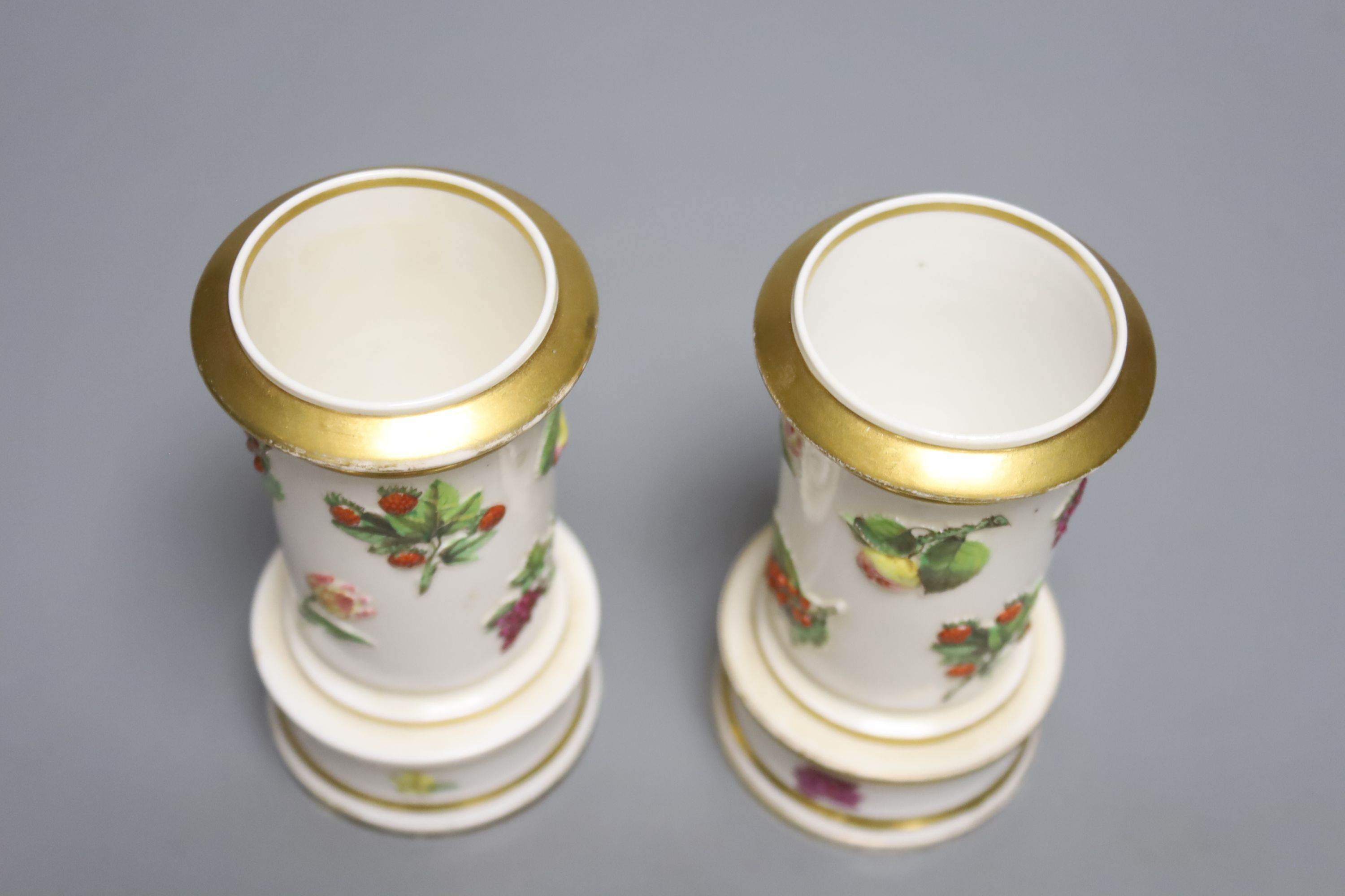A rare pair of Spode of moulded spill vases the moulding naturally painted, Spode patter 2910, marked in red, height 10.5cm